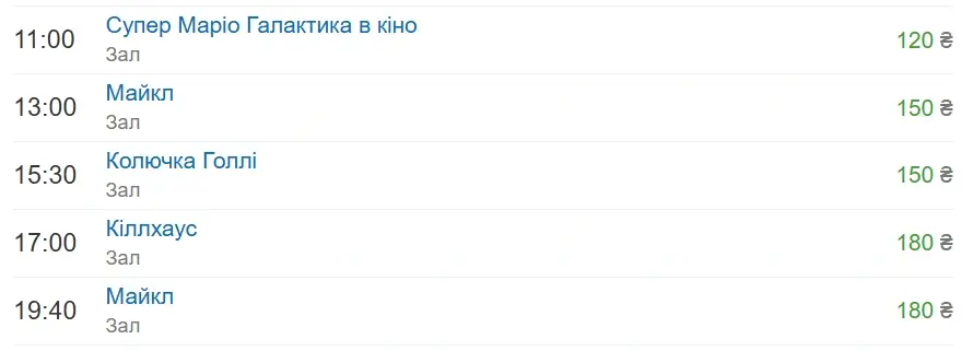 сеанси кінотеатра Дружба